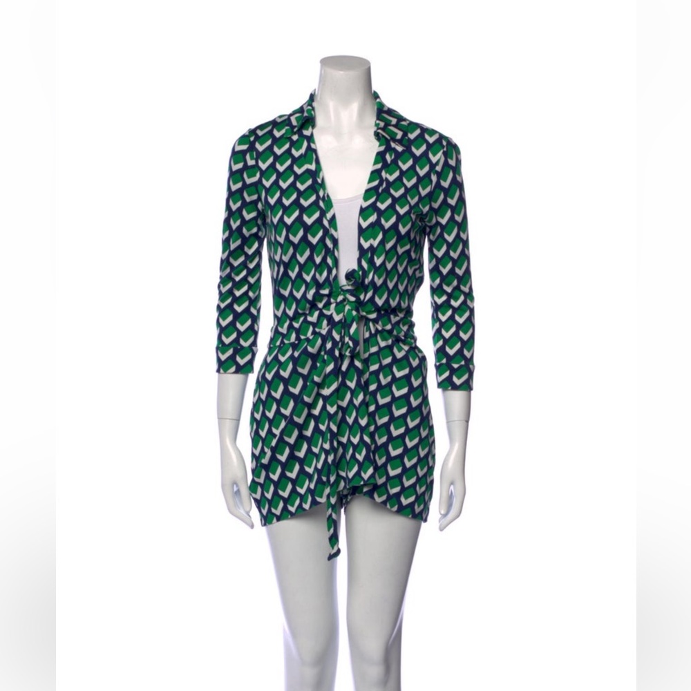 Diane von Furstenberg Silk Printed Tie-Waist Romper - Green & Navy